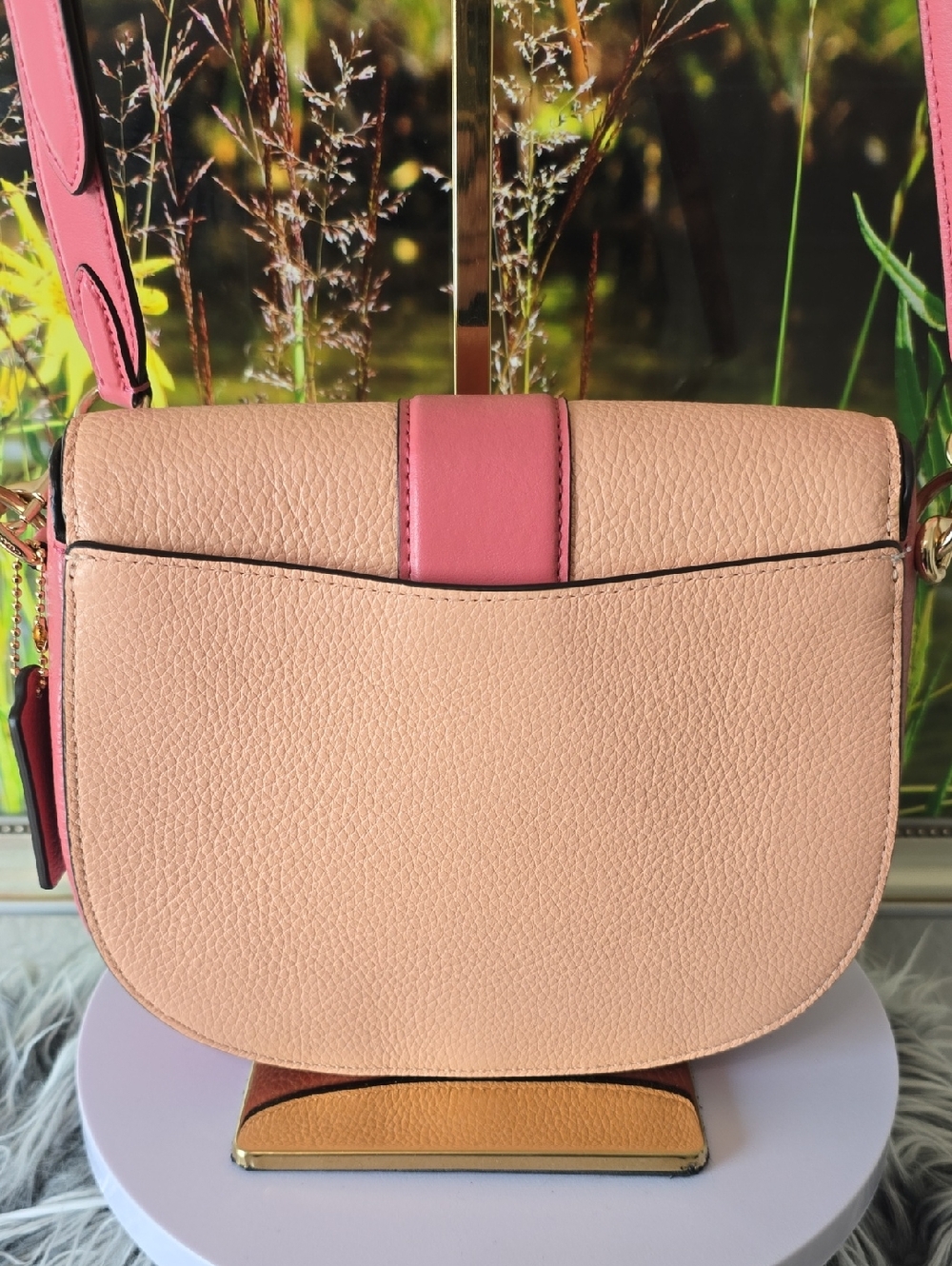 Coach Georgie Saddle Bag Pink & Tan Pebble Leather Crossbody Pink Tan Gold EU - Picture 3 of 15